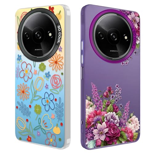 2 Pezzi Cover per Xiaomi Redmi A3/ Redmi A3X/ POCO C61 6,71', Disegni Fiore Rosa Fioreale Aesthetic Custodia Protezione Fotocamera Silicone TPU Morbida Antiurto Cellulare Case, Iridescente +viola