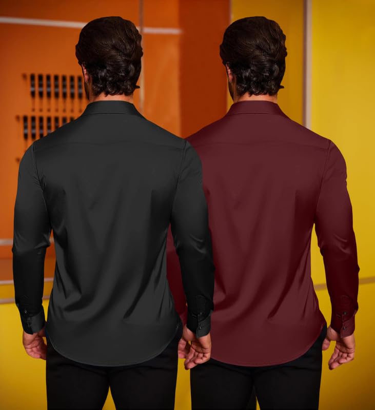 Image of Combo of Men's Premium Satin Cotton Shirt with Full Sleeves & Spread Collar | Smooth Finish | Slim Fit | Stylish Button Down Shirt for Evening, Casual Pack of 2