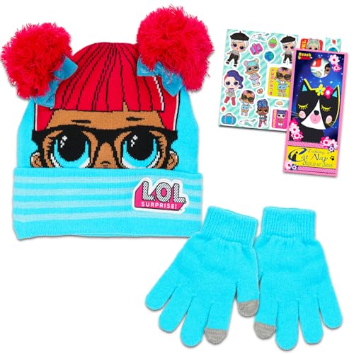 LOL Surprise Beanie and Gloves Set - Bundle with Blue LOL Surprise Knit Winter Hat with Pom Poms, Mittens, Stickers for Toddlers | LOL Surprise Gifts for Kids, Girls