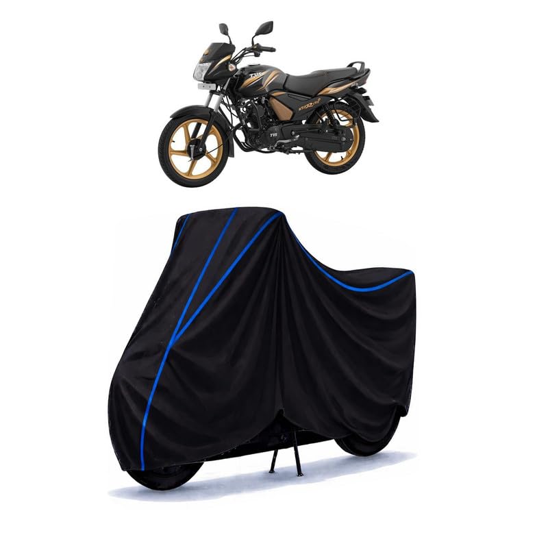 Image of TVS Star City Plus BS6 Bike Cover Water Resistant Universal Motorcycle Rain | Heavy Duty UV Protection, Dust, Scratch Indoor Outdoor All Weather with Black Blue Piping Elastic