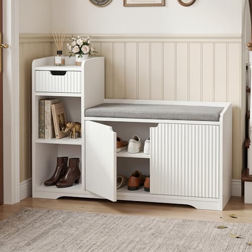 BonVache Banc à Chaussures avec Tiroir et Portes de Rangement, Meuble d'Entrée avec Cloison Réglable, Hauteur Réglable, MDF, Coussin Gris Clair, 100 x 35 x...