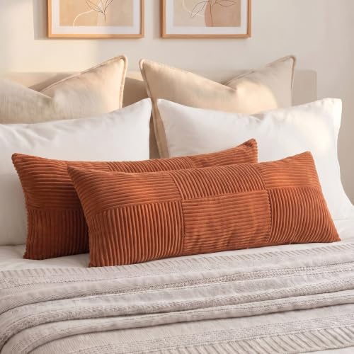 Image of Fancy Homi Set of 2 Rust Boho Long Lumbar Body Decorative Throw Pillow Cover 14x36 Inch for Bed Couch Bedroom Bench, Soft Patchwork Corduroy Textured Pillow Case, Rustic Farmhouse Room Decor