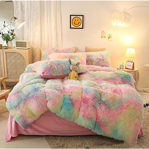 Faux Fur Plush Comforter Set Fluffy Shaggy Bedding Set - 3PC Tie Dye Duvet Cover with Pillow Shams Soft Fuzzy Comforter Cover with 2 Pillow Shams, Zipper Closure ( Color : R-01 , Size : Double2.0m ) Cover