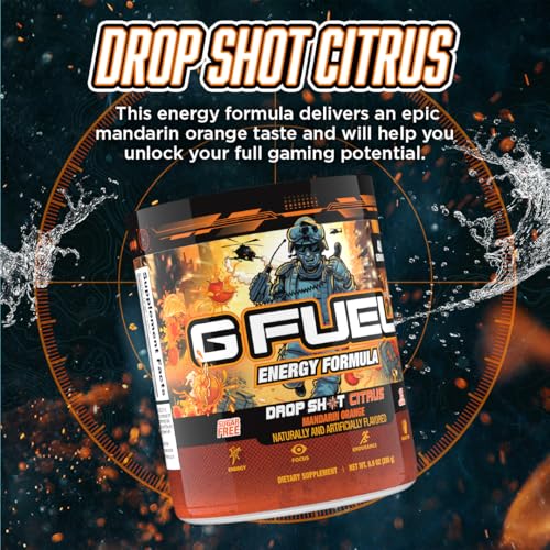 Image of G Fuel Drop Shot Citrus Energy Drink Powder, Pre Workout Caffeine Mix for Gaming, Sugar Free Focus Amino, Vitamin + Antioxidants, 9.9oz (Mandrin Orange, 40 Servings)