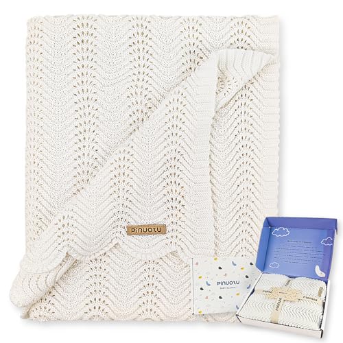 Image of Cotton Knitted Baby Blanket - Neutral Swaddle Receiving Blanket for Newborn, Toddler, Boys & Girls, Crib or Stroller Blanket with Gift Box, 31x40 Inch (White)