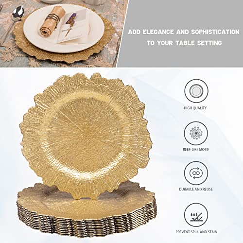 MAONAME 13\" Gold Charger Plates, Round Reef Chargers for Dinner Plates, Plastic Plate Chargers for Table Setting, Wedding Decor, Set of 12