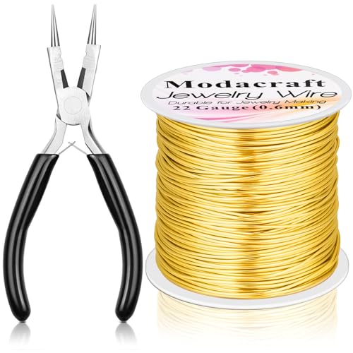 Image of ModaCraft 22 Gauge Tarnish Proof Jewelry Wire Gold (164ft /50m) + 4-in-1 Professional Jewelry Pliers Set | Fade-Resistant Copper Craft Wire for Beading DIY Jewelry Making Supplies Kit