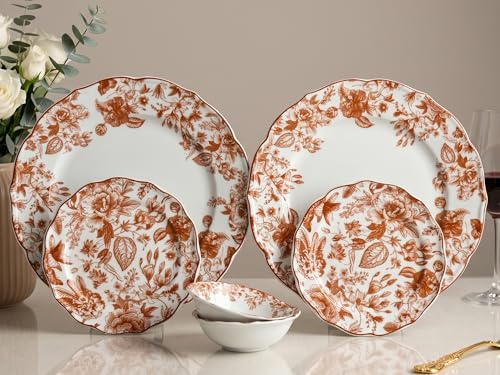 Image of Bodhi House Porcelain Dinner Set 6 Pieces - Brown Leaf White Dinnerware Set | 2 Dinner Plates, 2 Quarter Plates, 2 Katori Bowls | Premium Crockery Set for Dining, Kitchen & Gifting