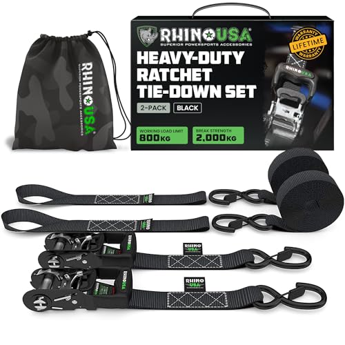 Rhino USA Kit de Sangles à Cliquet Haute Résistance (2 pièces) 4cm x 2,4m (2000kg de Résistance à la Rupture) Sangle Arrimage Ultimes avec Crochets Sécurité Camions, ATV, UTV, Motos, Cargaison - Noir