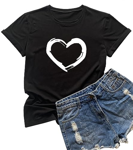 YEVEEY Women Cute Heart Graphic Crewneck T-Shirt Funny Short Sleeve Casual Tee Tops Black XX-Large