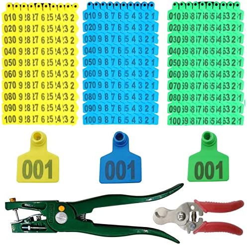 300PCS 001-100 Number Plastic Livestock Cattle Ear Tags Farm Animal Tags ID Tags Green Yellow Blue Ear Tagger + Ear Tag Applicator + Ear Tag Remover for Cattle Cow Pig Goat Sheep