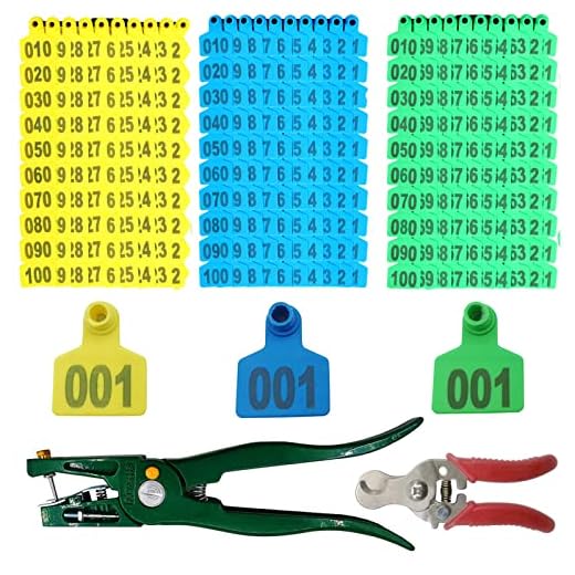 300PCS 001-100 Number Plastic Livestock Cattle Ear Tags Farm Animal Tags ID Tags Green Yellow Blue Ear Tagger + Ear Tag Applicator + Ear Tag Remover for Cattle Cow Pig Goat Sheep