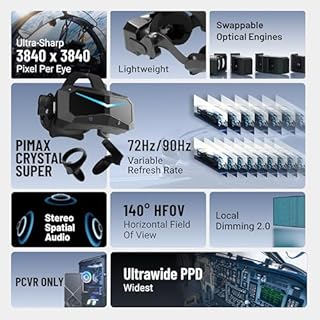 Pimax Crystal Super VR Headset & VR Glasses, Full Payment Version – 3840x3840 per eye, Ultrawide, 140° Field of View, Eye Tracking, Ultra-Sharp for Flight & Racing Simulations & Gaming