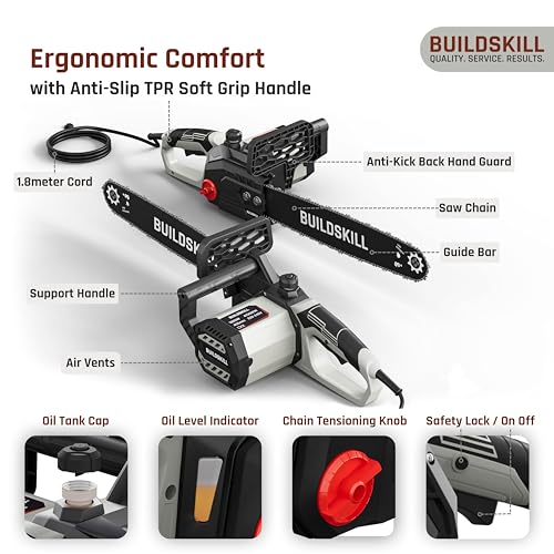 Image of BUILDSKILL Electric Chain Saw - 1800W Copper Motor | 16 inch Guide Bar | 4150 RPM No Load Speed |Quick Adjustment | High Strength Electric Saw for Wood Cutting