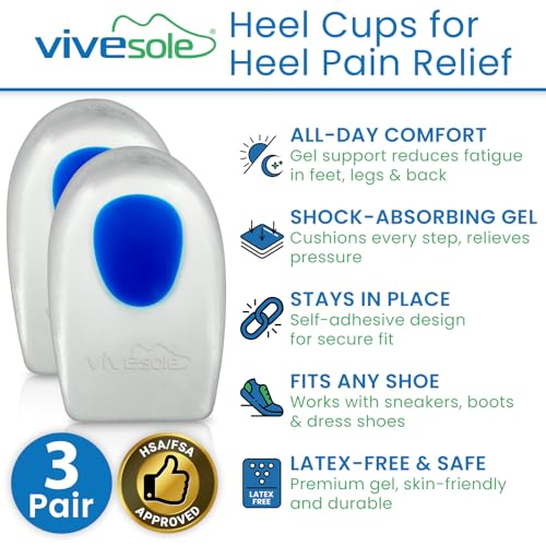 Image of ViveSole Heel Cups for Heel Pain Relief (3 Pairs) - Gel Cushion Inserts for Heel Spur, Achilles Tendonitis, Plantar Fasciitis - Insole Pads for Shoes Women & Men - Silicone Supports, Shock Absorbing