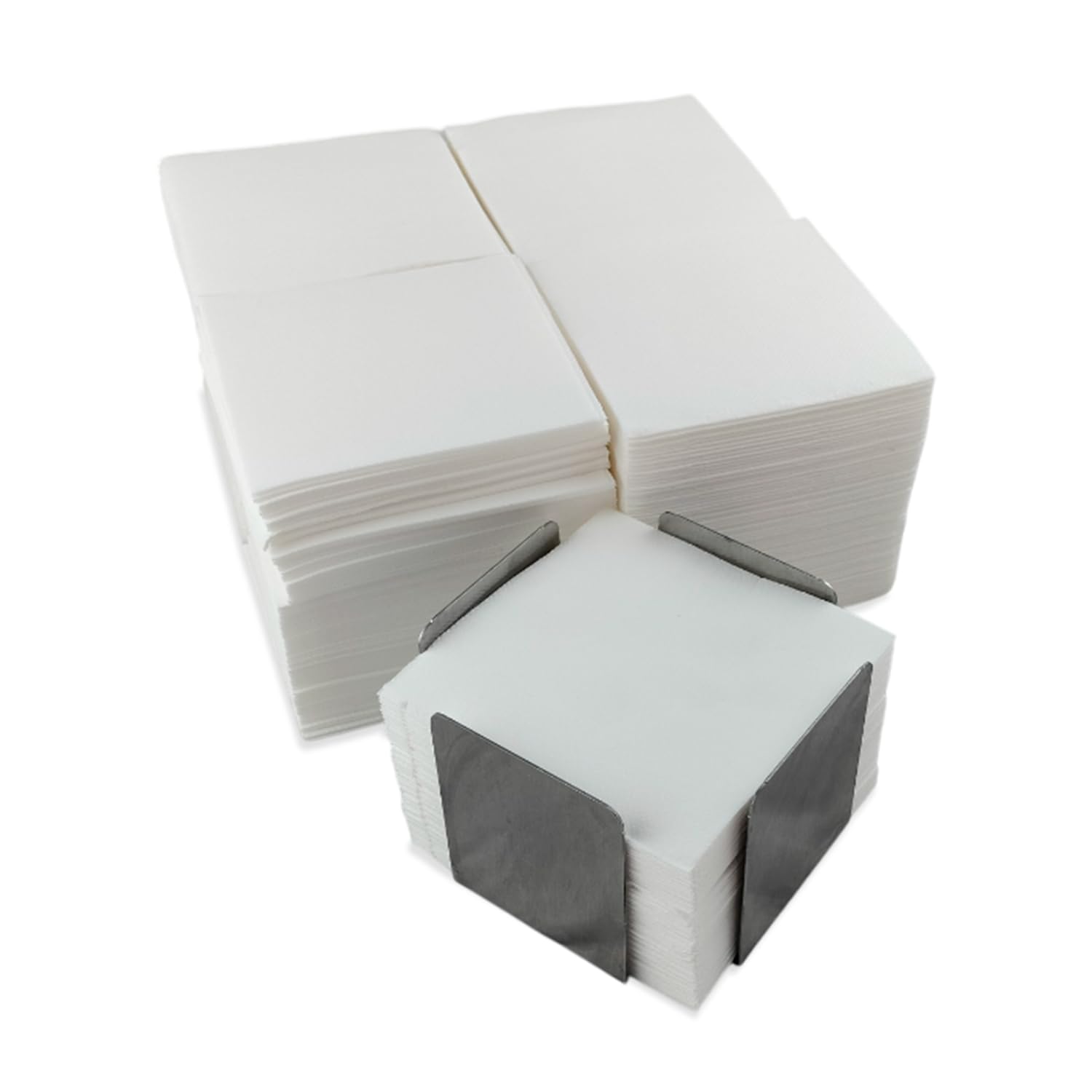 Zestaw 300 białych papierowych serwetek koktajlowych + serwetki na serwetki ze stali nierdzewnej - tekstura mikrokropki - grubsza i chłonna - 10 x 10 cm złożona - Hostelnovo