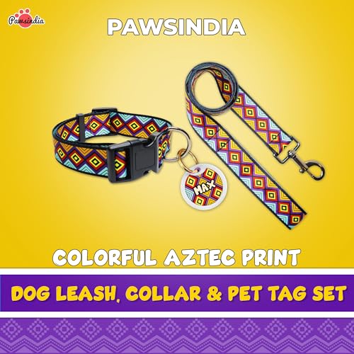 Image of Pawsindia Leash and Collar with Name Tag for Dogs, Aztec Print with 1.5 Inches Width Adjustable Collar and 4 Feet Heavy Duty Leash with Customize Nametag