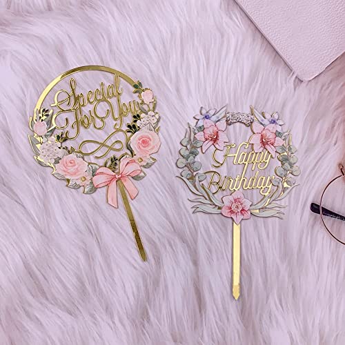 4Pcs Gold Cake Toppers Flower Cake Toppers Acrylic Cake Topper Happy Birthday Cake Topper Cake Decoration Supplies #TOP4