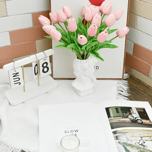 Image of ONLY ART Artificial Dusty Pink Tulips 20 Pcs - 13.5 Inch PU Faux Flowers with Bendable Stems for Home Decor, Wedding Centerpieces, DIY Floral Arrangements, New Year and Valentine's Day