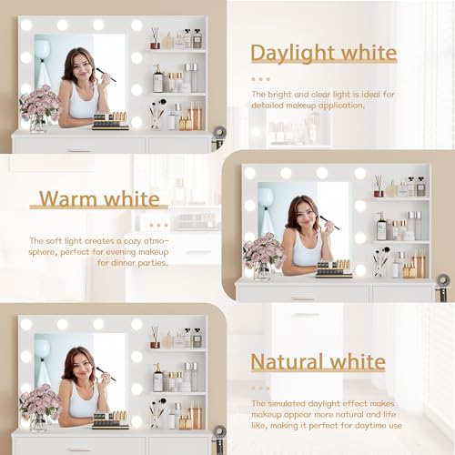 Image of Furmax Vanity Desk with LED Lighted Mirror&Power Outlet, Makeup Vanity Table with 4 Drawers, 3 Open Storage Shelves, and 3 Color Modes, for Bedroom (Pure White)