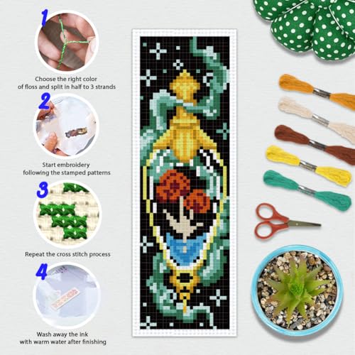 Image of BEUNITONE 6 Pcs Cross Stitch Bookmark Kit for Beginner Magic Stamped Cross Stitch Kit for Adults Printed Embroidery Bookmarks Kits with Instruction for DIY Crafts Book Lovers 8.5''x3''