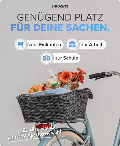 Büchel Fahrradkorb hinten - Fahrradkorb abnehmbar hinten I einfache Befestigung mit innovativem Halteclip I aus hochwertigem Polyrattan I Fahrrad Korb für hinten aus hochwertigem Polyrattan