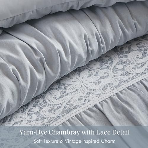 Image of Madison Park 5-Piece Farmhouse Comforter Set with Ruching & Lace Trim, Soft Chambray Bedding, Includes Comforter and 2 Decorative Pillows, Queen, Blue