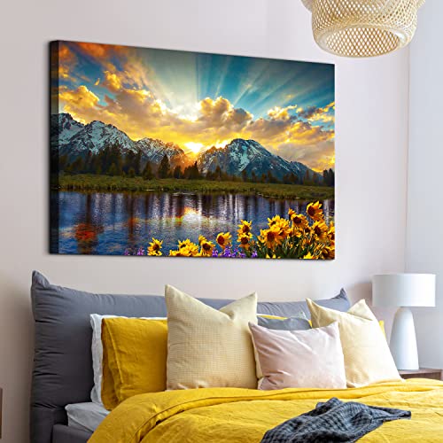 Image of Sunset Mountain Wall Art, Grand Teton National Park Landscape Canvas Wall Decor 32x48 inch Sunflower Pictures Artwork Nature River Scenery Prints Painting Home Decoration for Living Room Bedroom Kitchen