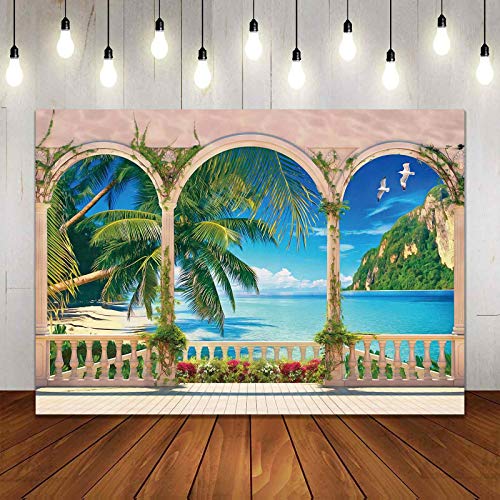Allenjoy 7X5Ft Tropical Garden Beach Photography Backdrop Summer Ocean Seaside Palm Leaves Natural Photo Background Party Banner Wall Decor Newborn Baby Family Photo Booth Props #TOP3