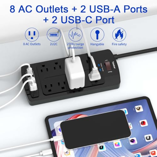 Image of Surge Protector Power Strip - Teiobar Flat Plug Extension Cord with 8 Outlets and 4 USB Ports, 10 Feet Power Cord, 2700 Joules, ETL Listed, Black