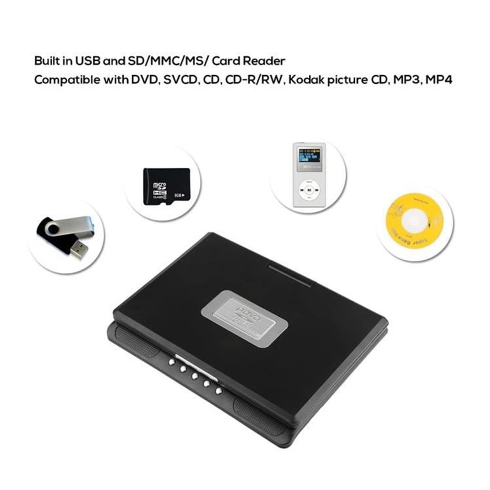 Lecteur DVD Portable, 9,8 Pouces Portable Accueil Voiture Lecteur DVD VCD CD Jeu TV Lecteur USB Radio Adaptateur, Prend en Charge Plusieurs Médias