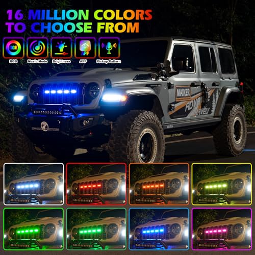MAIKER RGB LED Grille Lights Compatible with 2024-2025 Jeep Wrangler JL JLU JT Original Factory Grille, 5PCS RGB Adjustable Atmosphere Exterior Grill Lights Remote APP Control by MAIKER OFF ROAD - Image 3