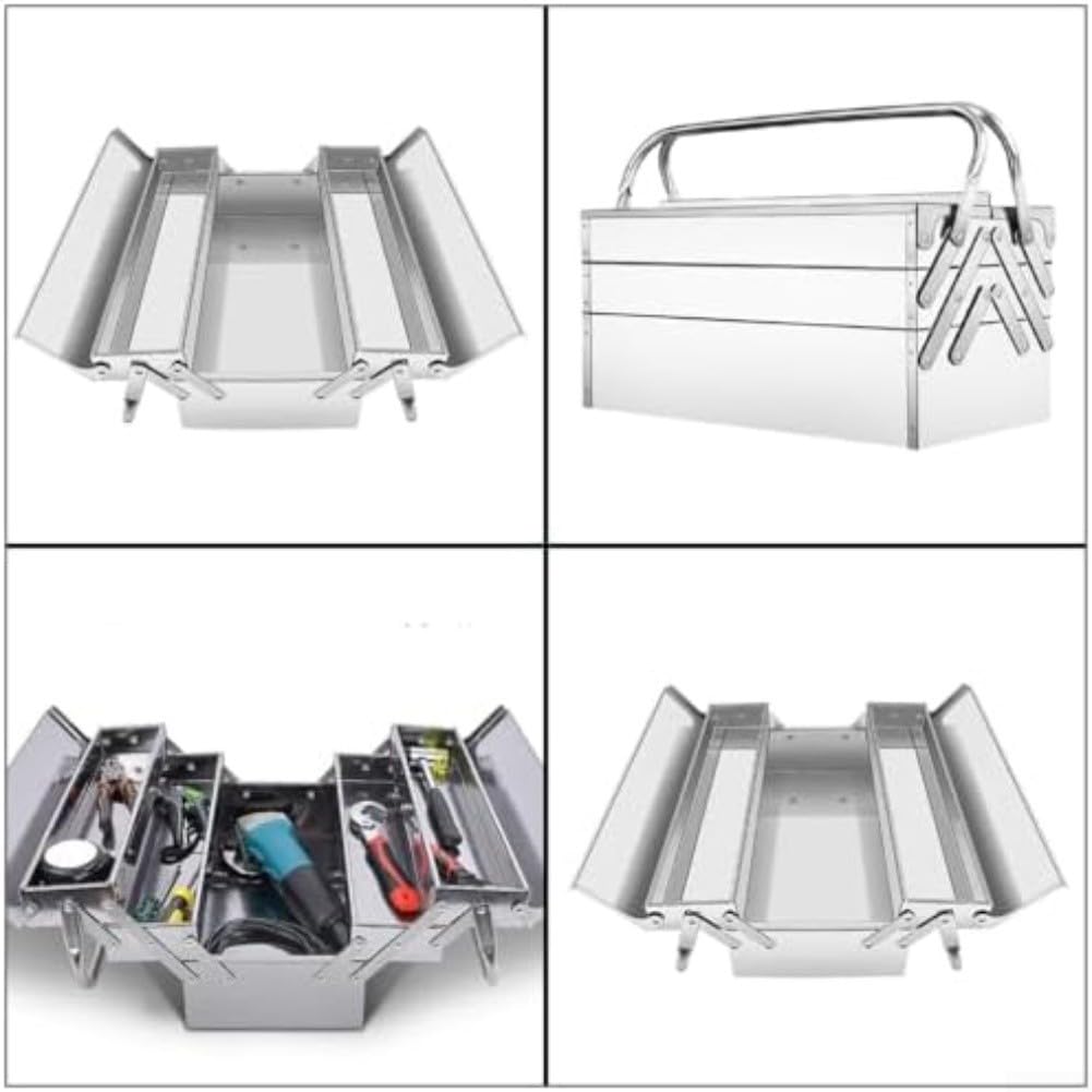 Caja de herramientas plegable de acero inoxidable, organización de tres niveles, almacenamiento portátil para proyectos de bricolaje, garaje, mantenimiento automotriz, construcción, diseño