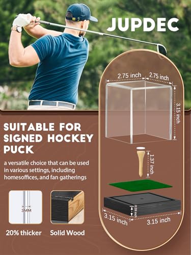 Image of JupDec Golf Ball Display Case Clear Acrylic Memorabilia Stand Cube Holder with Wood Base & Tee, Dust Protection Transparent Storage Box for Single Ball Souvenir Golfball Collections, Black, 1 Pack