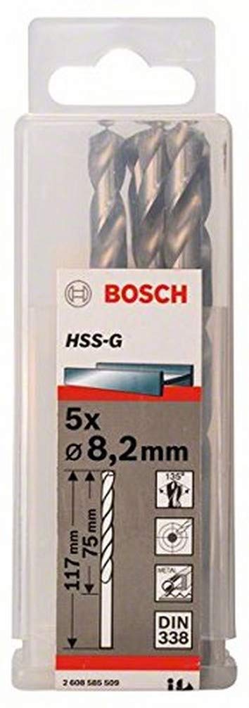 Bosch 2608585509 Din338 HSS-G Metal Drill Bit, 8.2mm x 75mm x 117mm, Silver, Pack of 5