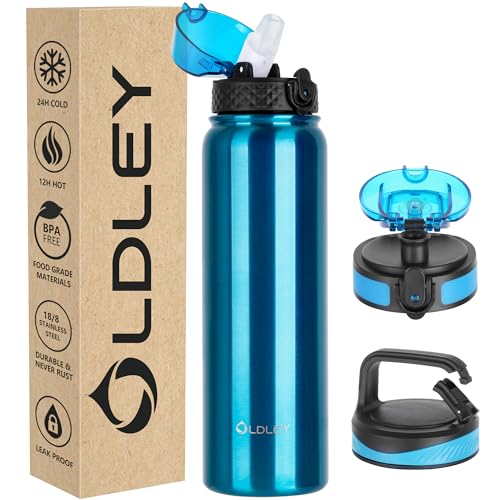 OLDLEY Stainless Steel Water Bottle with Straw 1L Vaccum Insulated Large Drink Flask Metal Water Bottles Leakproof Keep Drinks Hot Cold for Bike Sports Gym with Different Lids(Bright Blue, 3 Lids) option
