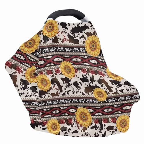 Image of Binienty Sunflower Geometric Stretchy Car Seat Cover Canopies for Babies, Brown Cow Print Multi Use Shopping Cart /High Chair /Breastfeeding Cover