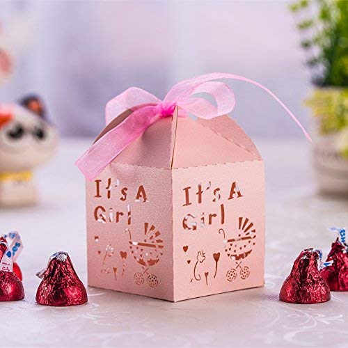 Yozatia 50Pcs Laser Cut Baby Carriage Favor Box Bomboniere Gift Candy Boxes Baby Shower Party Decoration, 2.2 X 2.2 X 2.2 Inches (Pink) #TOP1