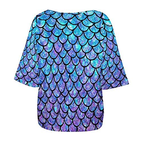 Ombre Mermaid Teal Purple Fish Scale Pattern Womens Tops Sexy Off Shoulder Shirts Casual Short Sleeve T-Shirt4