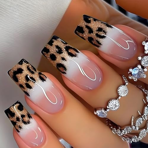 24cofo Coffin Styles Press On Nails Full Covers False Nails Golden Glitters LeopardsfUC