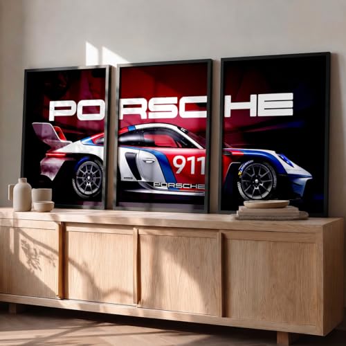 Image of HOMESY Sports Car Framed Posters Gift Items for Boys Room | Wall Decoration for Bedroom Living Room Office Gaming Room Decor | Sports Cars Poster with Frame for Wall Decor Set Of 3 Size (13x17 inch, BLACK)
