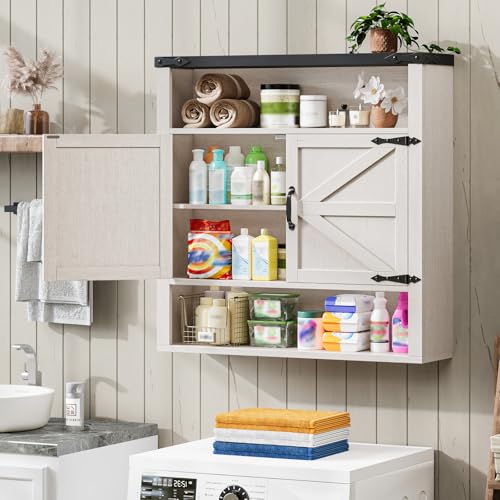 Image of Bathroom Wall Cabinet, Farmhouse Medicine Cabinet with Adjustable Shelves and 2 Barn Doors, Wall Mounted Over the Toilet Storage Cabinet for Bathroom, Laundry Room, Kitchen, Rustic White and Black
