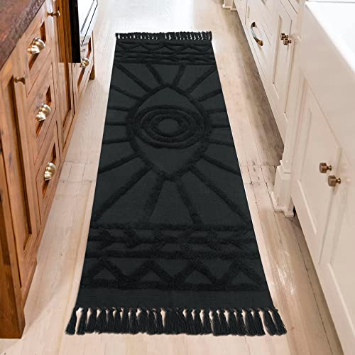Uphome Hallway Runner Rug 2'X6' Washable Evil Eye Tufted Boho Rug With Tassels Soft Cotton Woven Kitchen Rugs Farmhouse Aesthetic Dark Gray Accent Rug For Living Room Laundry Room Bedroom #TOP4