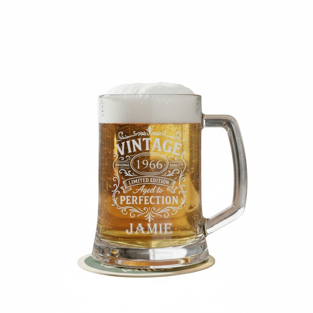 ukgiftstoreonline Personalised Birthday Engraved Tankard Beer Mug, Glass, 510ml Capacity, Any Name and Year