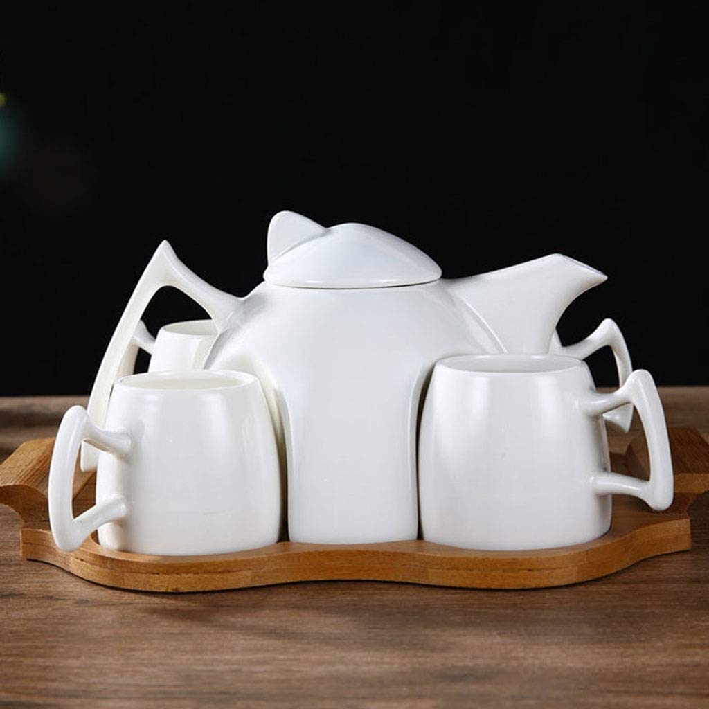 Nowoczesny ceramiczny zestaw do herbaty z drewnianą tacą - prosty czajniczek i filiżanki do herbaty do domu popołudniowej herbaty i kawy - elegancki prezent dla miłośników herbaty