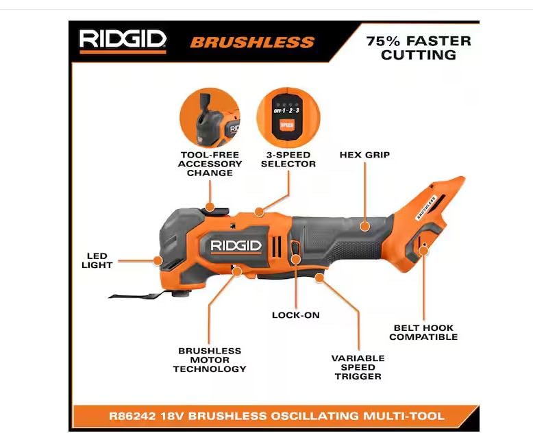 RIDGID 18V BRUSHLESS Cordless Multi-Tool Tool SOLO R86242B