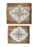 Store Indya Set of 2 Coffee Table Trays Wooden Serving Decorative Tray Platter for Parties Kitchen Accessories Multipurpose Tabletop Display (Floral Collection)