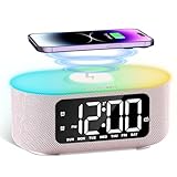JALL Fabric Alarm Clock for Bedroom, with Big Led Screen Display, Bluetooth Stereo Sound Speaker, FM Radio, Fast Wireless Charging, USB Charging Port, Nightlight, White Noise, Ideal for Gift, Pink