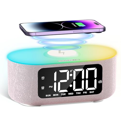 JALL Fabric Alarm Clock for Bedroom, with Big Led Screen Display, Bluetooth Stereo Sound Speaker, FM Radio, Fast Wireless Charging, USB Charging Port, Nightlight, White Noise, Ideal for Gift, Pink