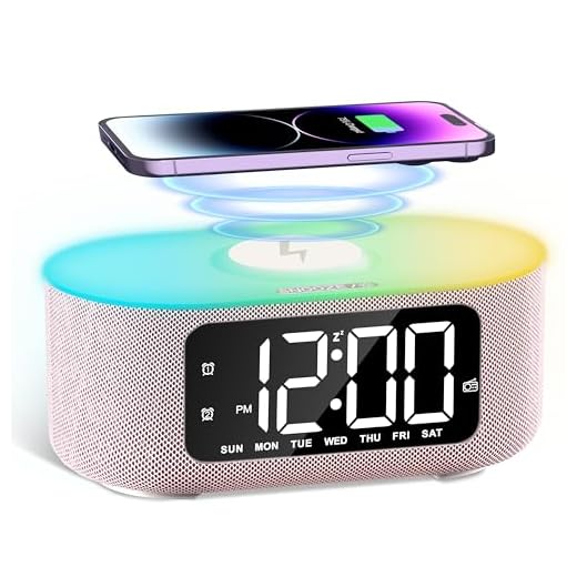 JALL Fabric Alarm Clock for Bedroom, with Big Led Screen Display, Bluetooth Stereo Sound Speaker, FM Radio, Fast Wireless Charging, USB Charging Port, Nightlight, White Noise, Ideal for Gift, Pink